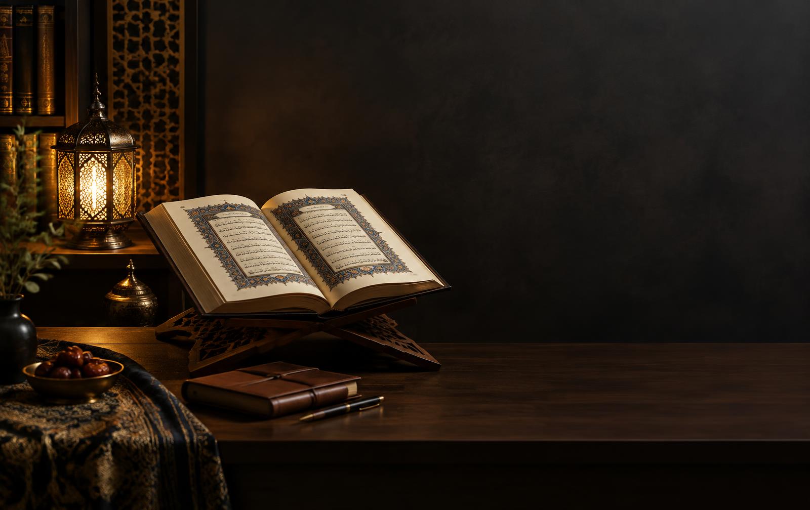 Al-Quran terbuka di ruang bacaan yang tenang