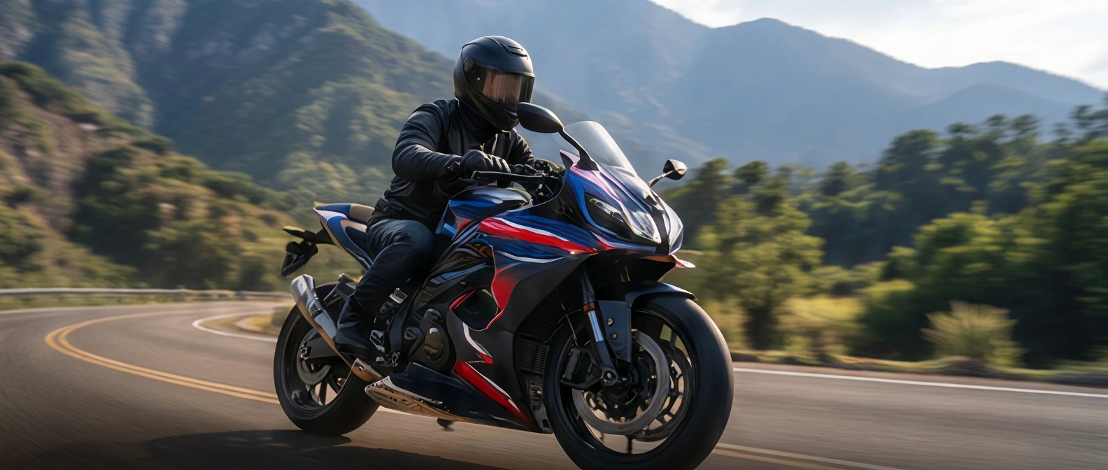 Sebuah motosikal dan penunggang dipaparkan penuh